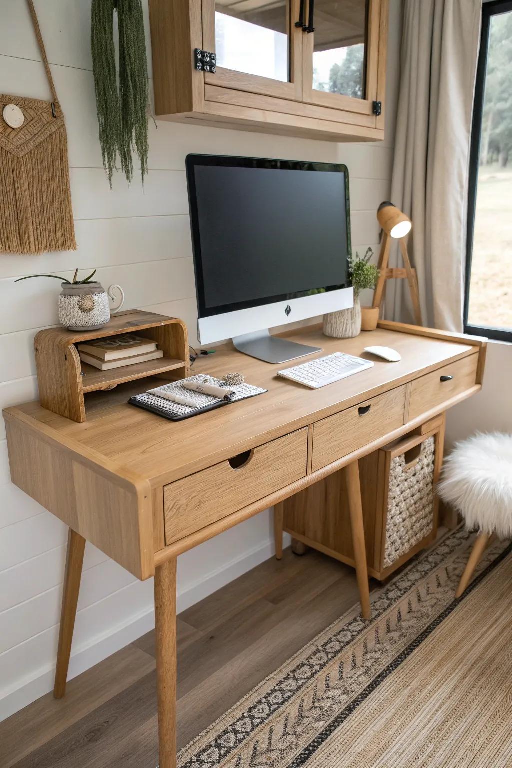 Smart RV desk: solid wood top on two storage cabinets—minimal, sturdy, space-savvy.