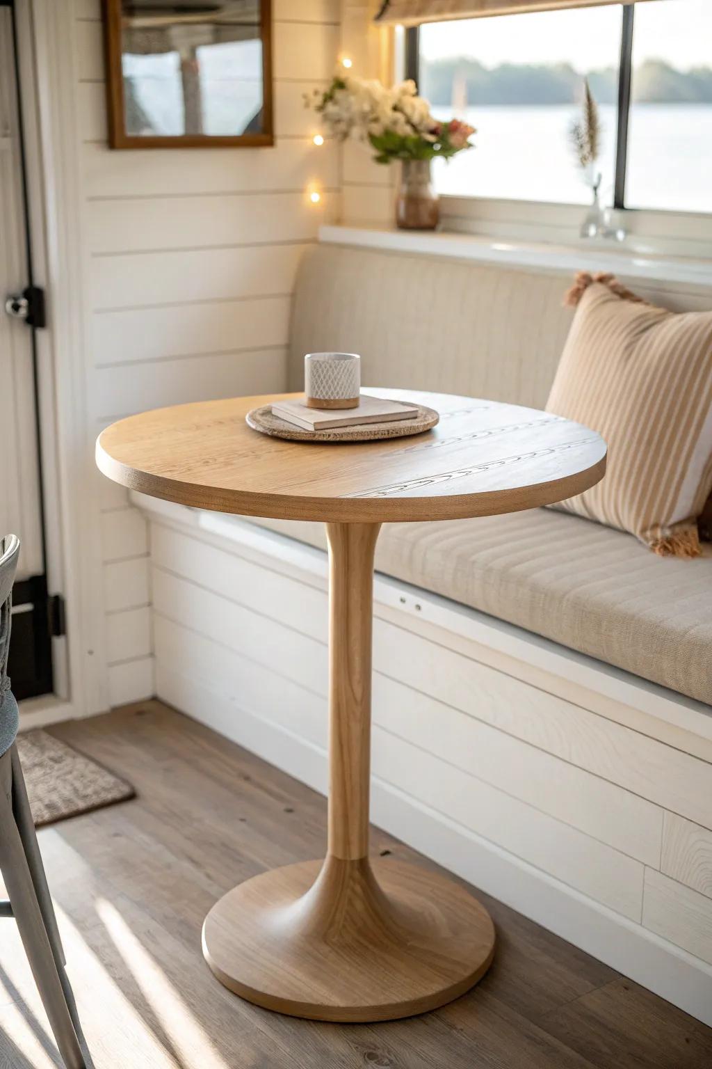 A petite round bistro table softens your RV nook—no sharp corners, all cozy craft.