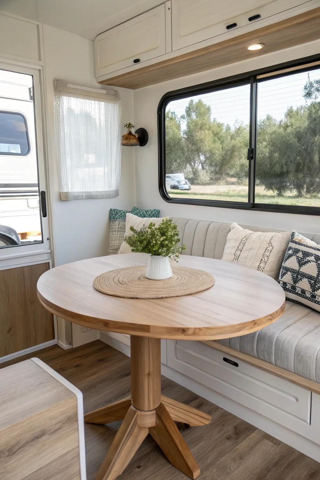 Center a light oak table in the slide-out for a dining nook that feels calm, spacious, and homey.