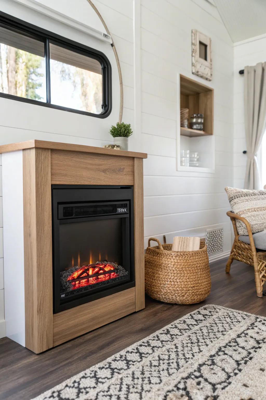 A calm RV fireplace wall—hidden cable zone keeps the cozy flames always clutter‑free.