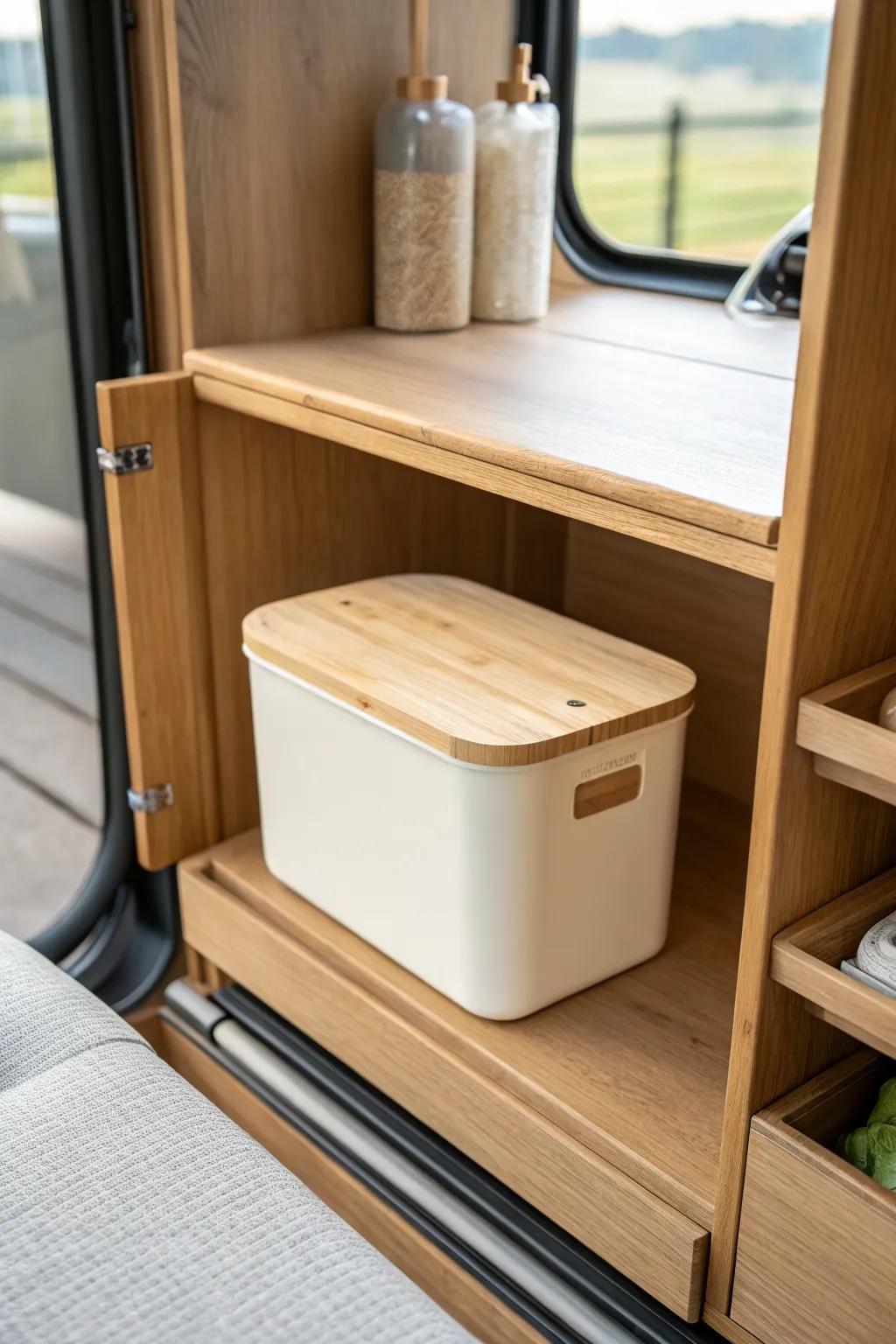 A slim lidded bin keeps RV cabinets calm—everything stays grouped, even while driving.