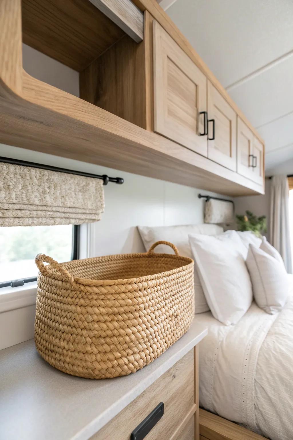 Open shelves + woven baskets make an RV master feel airy—ditch the bulky uppers.