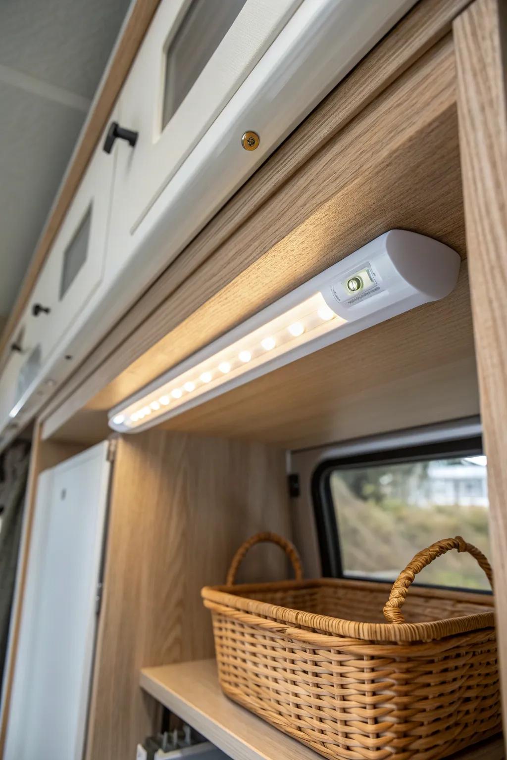 Motion-sensor light bar makes RV pass-through storage instantly bright—no more digging in the dark.