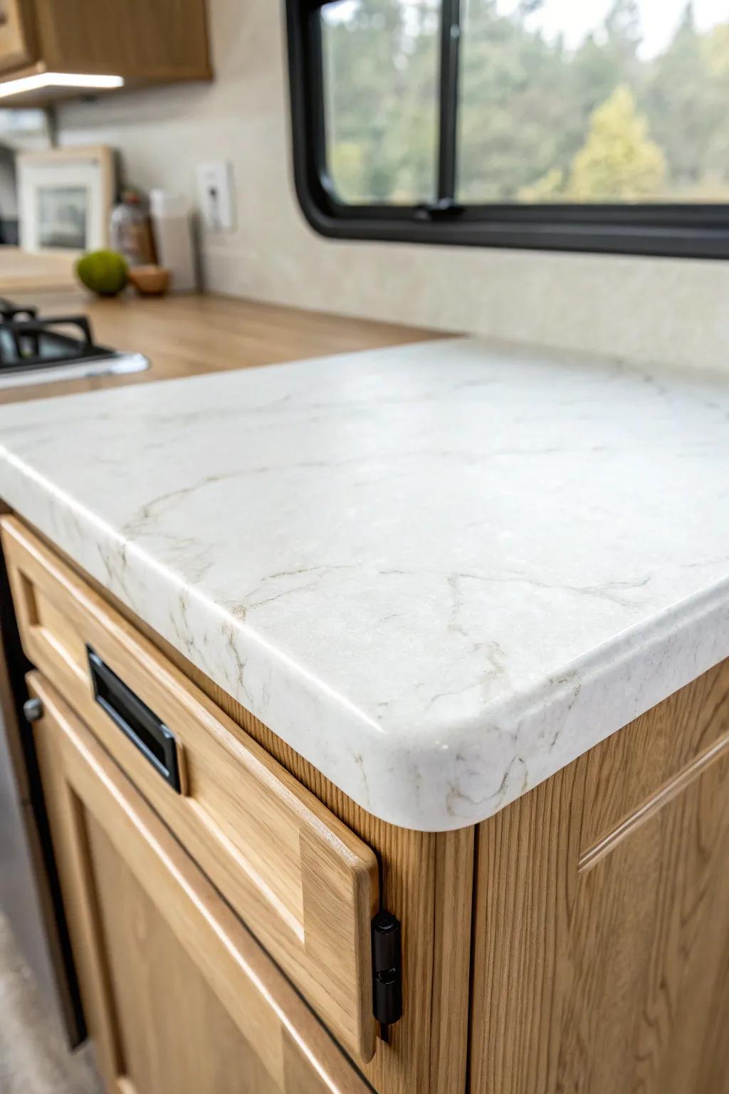 A peel‑and‑stick wrap makes RV counters look custom—perfect edges, instant fresh remodel.