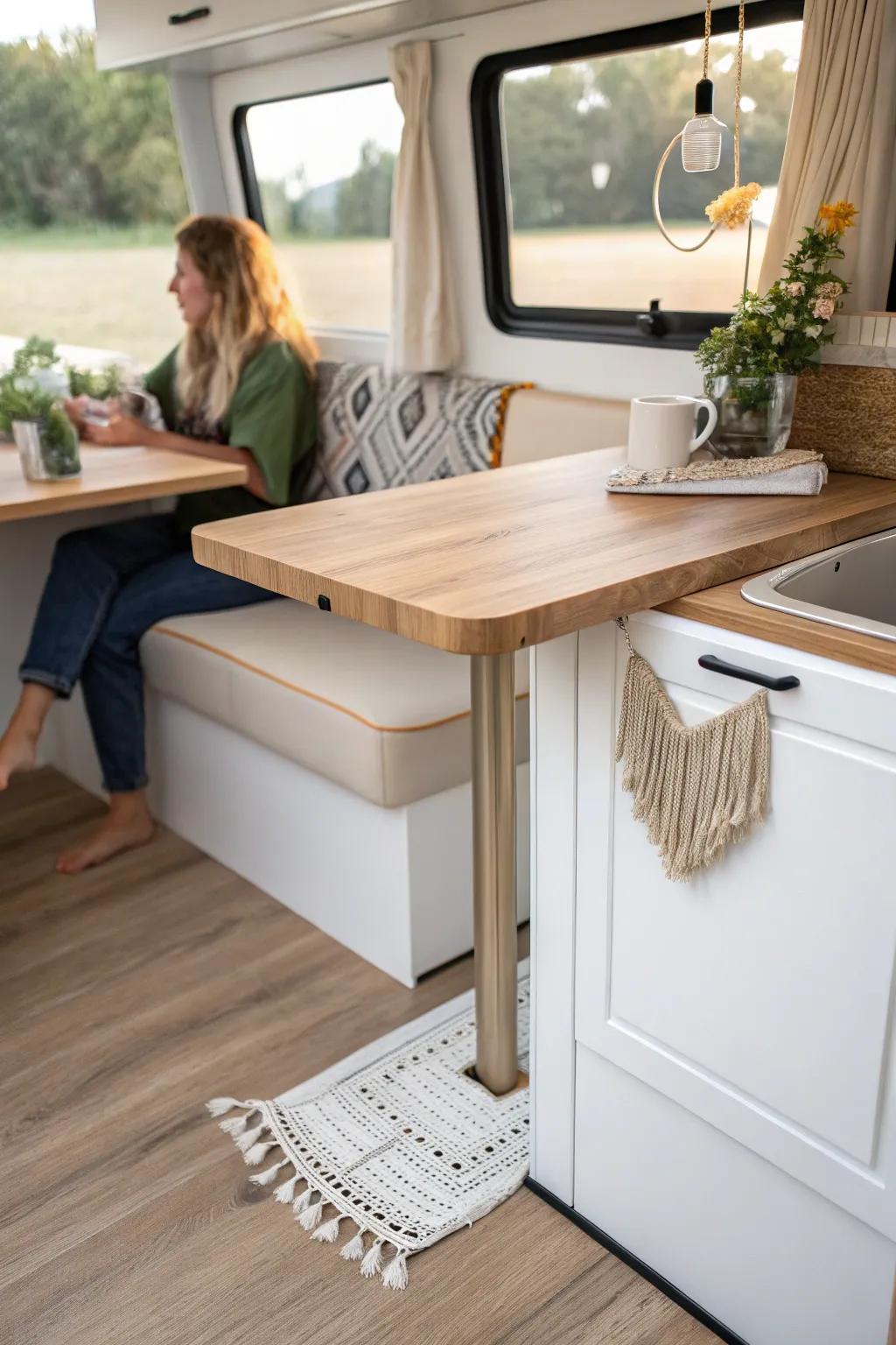 Removable RV tabletop + floor socket: instantly clear the dinette for play, yoga, or extra space.