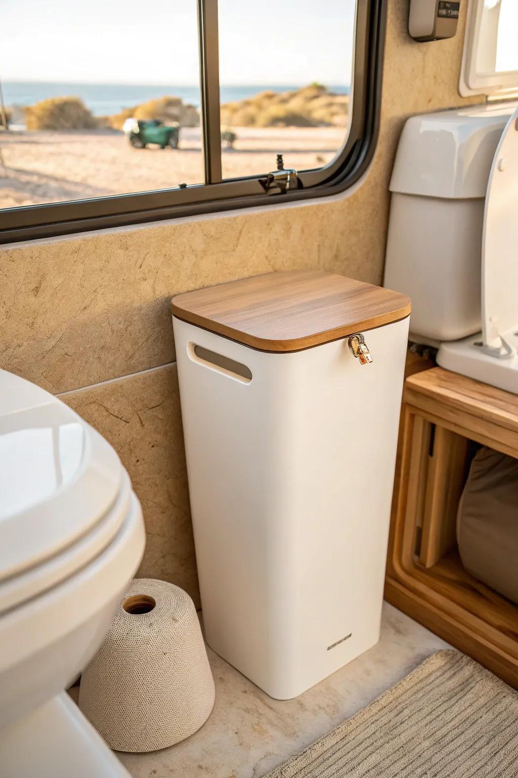 Slim RV bathroom bin beside the toilet—space-saving, chic, and always within reach.
