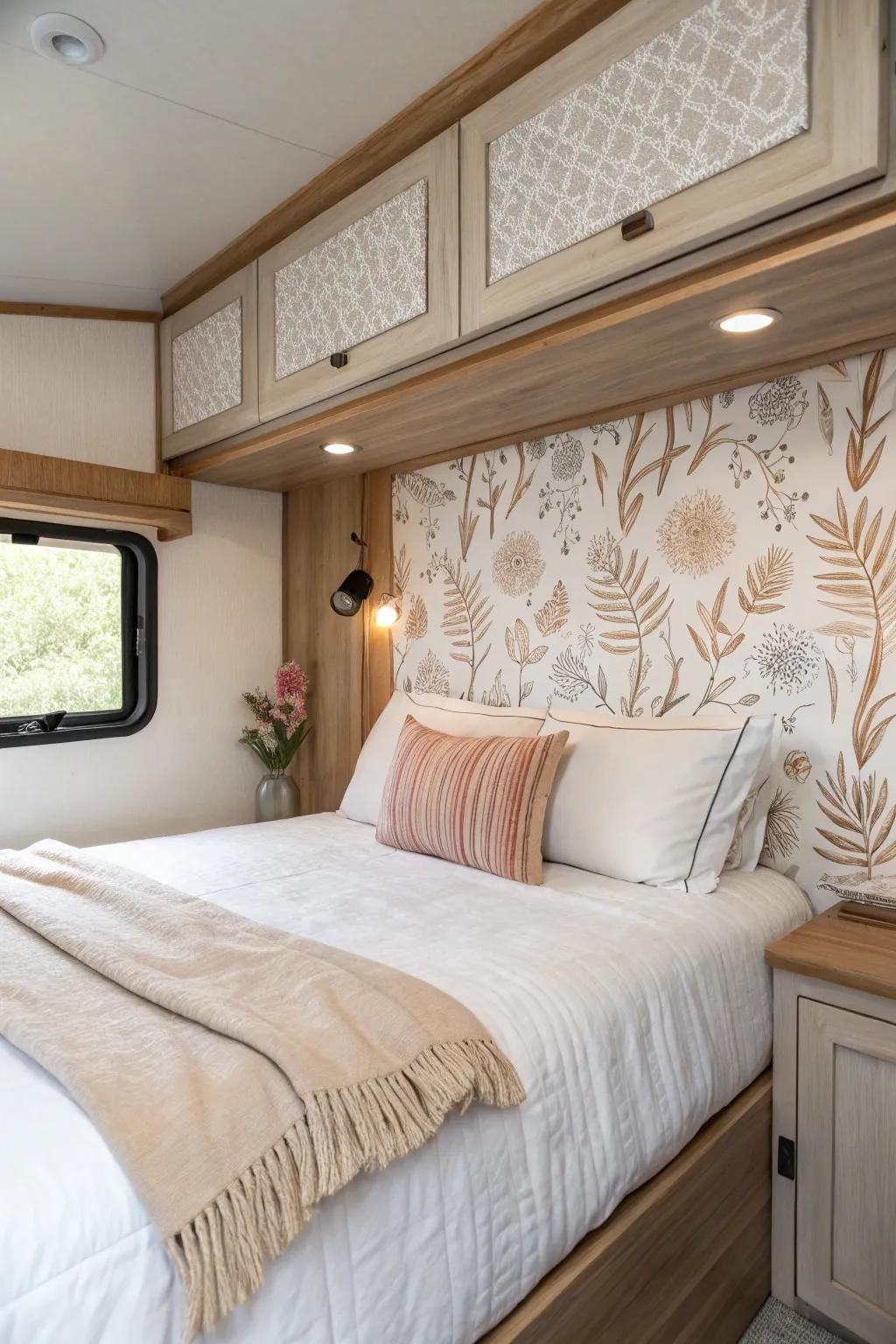 Wallpaper behind the bed creates a headboard look—stylish, space-saving, and RV-perfect.