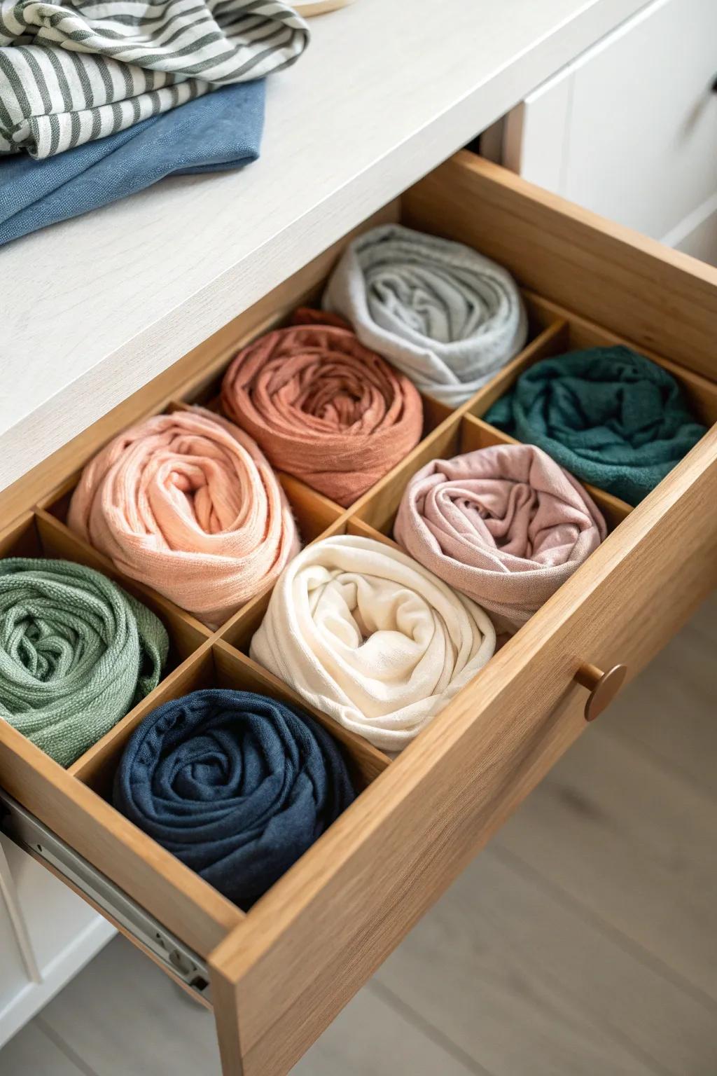 A tidy choose-your-color scarf drawer: rolled silks lined up with slim wooden dividers.