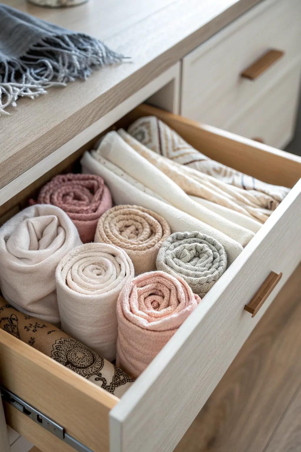 KonMari upright scarf rolls: every color visible at a glance—calm, chic, and drawer-friendly.