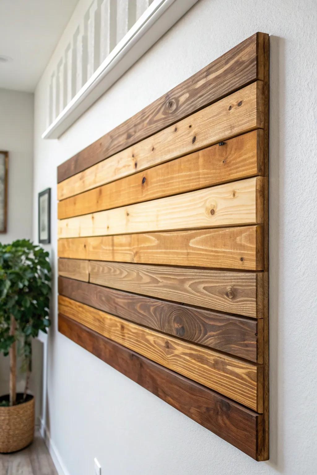 Ombre-stained scrap wood slats—an easy way to turn mismatched boards into chic wall art.