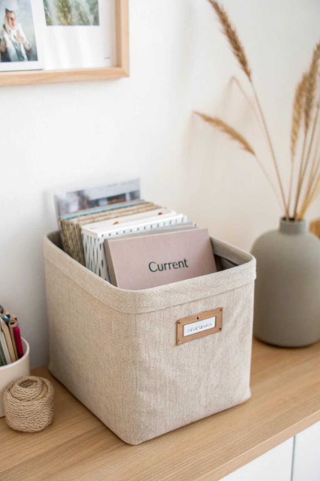 One dedicated project bin keeps photos and papers together—tidy fast, finish layouts calmly.
