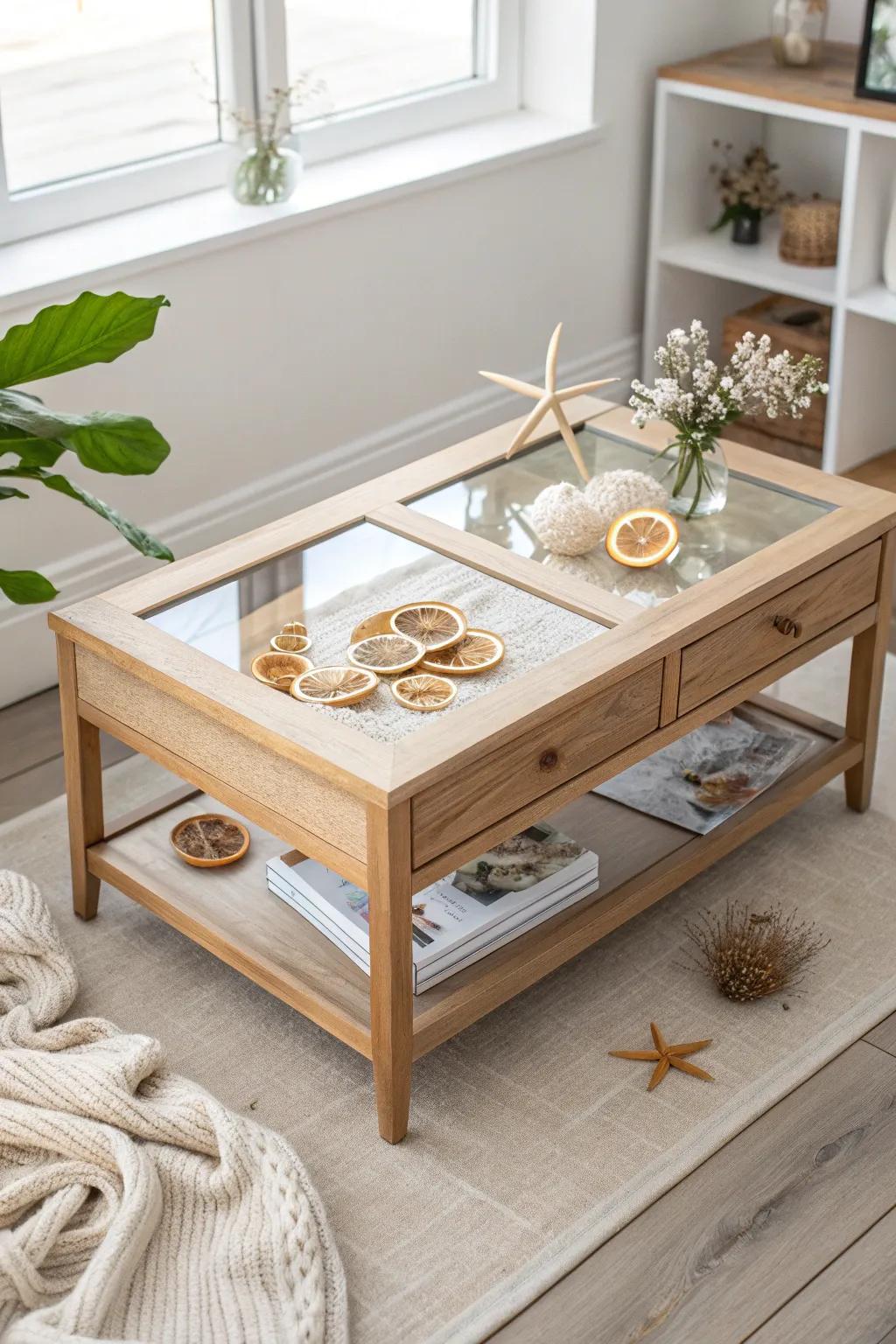 Seasonal swap-in vignette inside a shadow box coffee table—fresh decor, zero clutter.