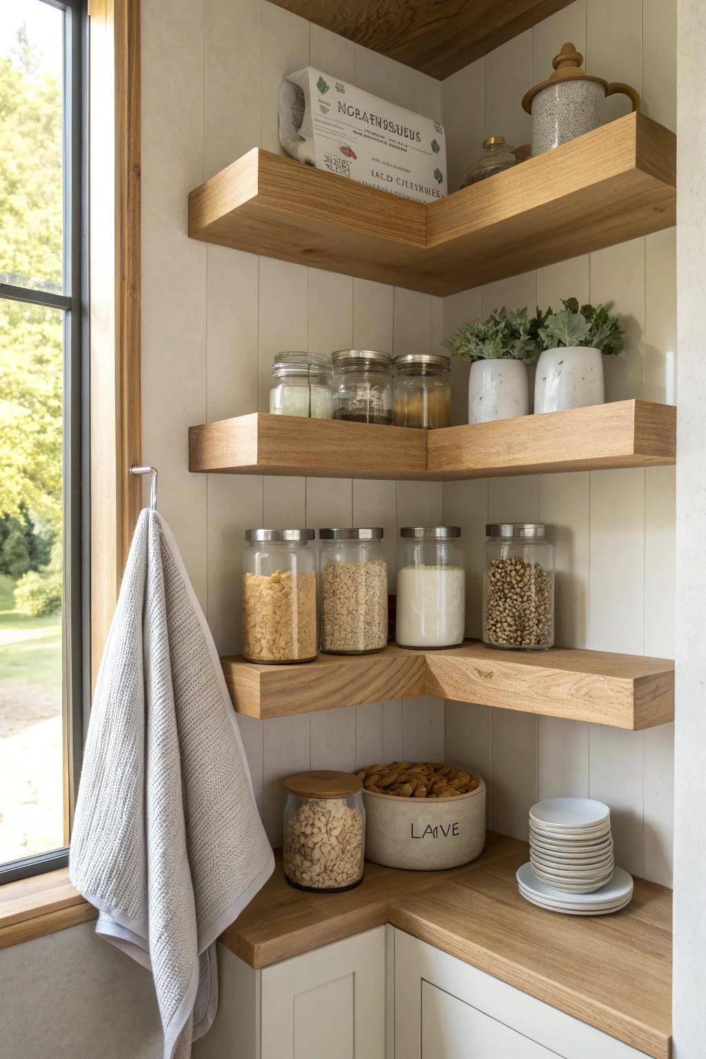 Wraparound shallow corner shelves turn dead space into a calm, easy grab-and-go pantry.