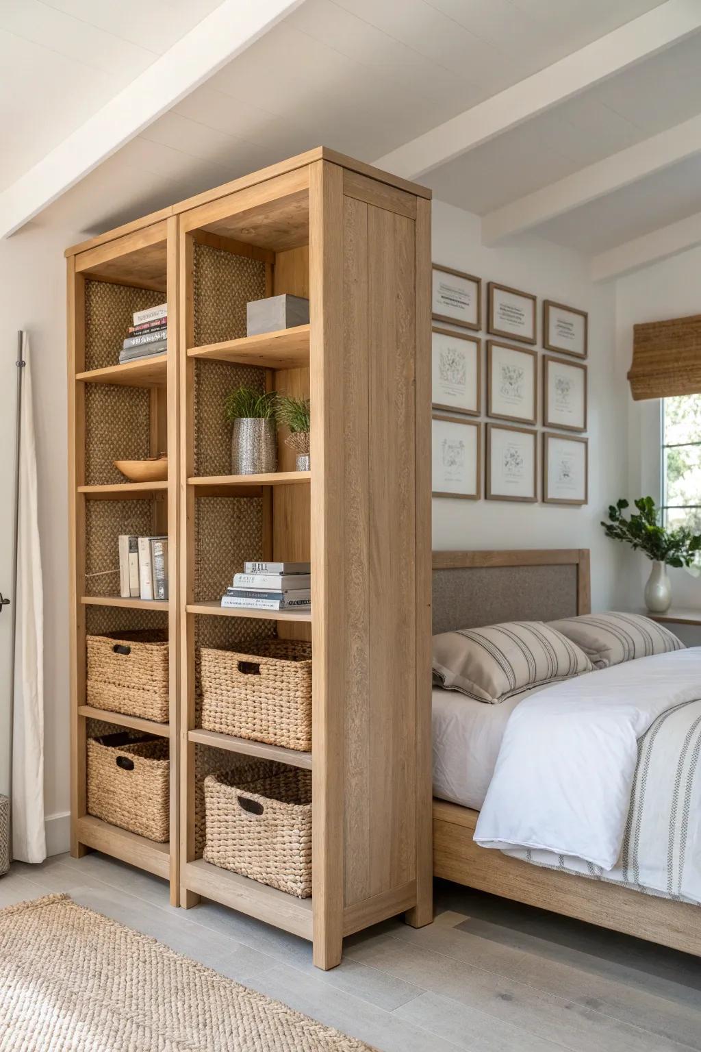 An open bookcase divider adds privacy and storage—stylish baskets keep both sides calm.