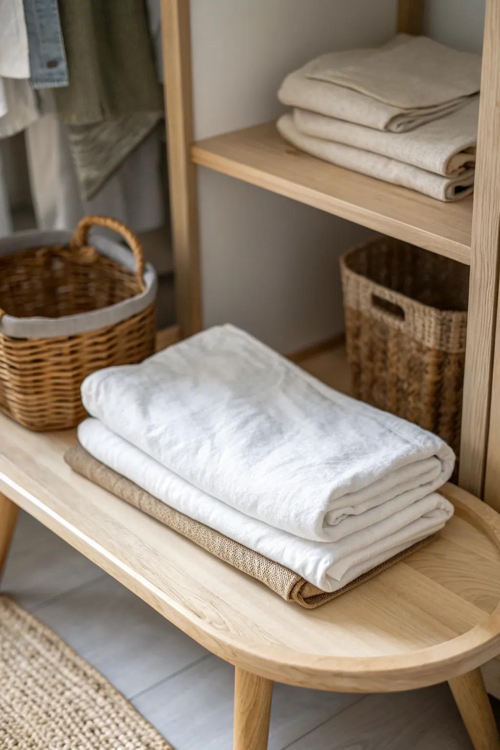 Uniform stacks in a tiny closet: a flat folding board keeps every sheet set perfectly even.