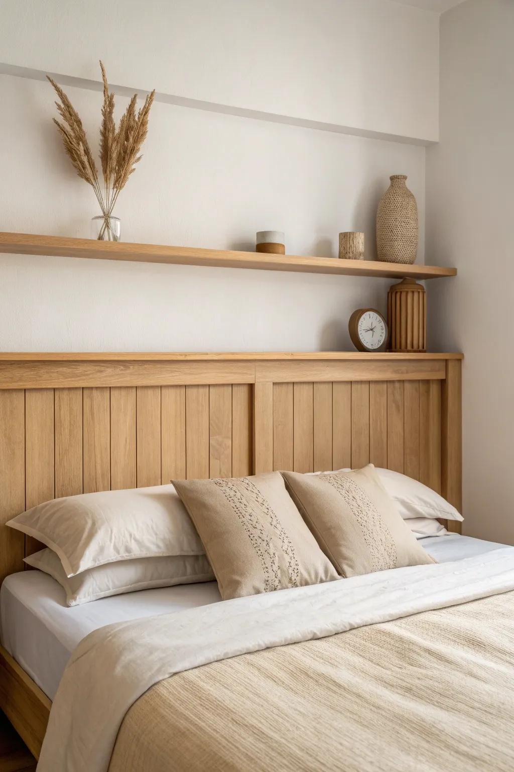 Paint the shelf to match your wall for a seamless built-in look above the bed—rental friendly.