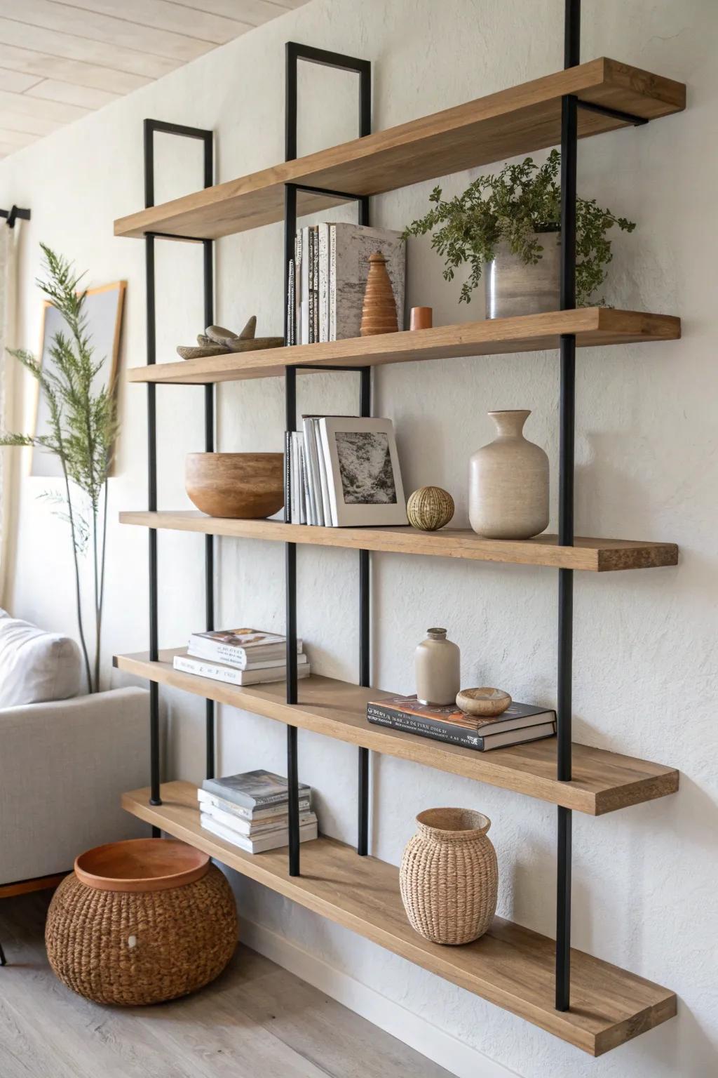 Staggered asymmetrical shelves add movement in small living rooms—repeat just 2–3 tones.