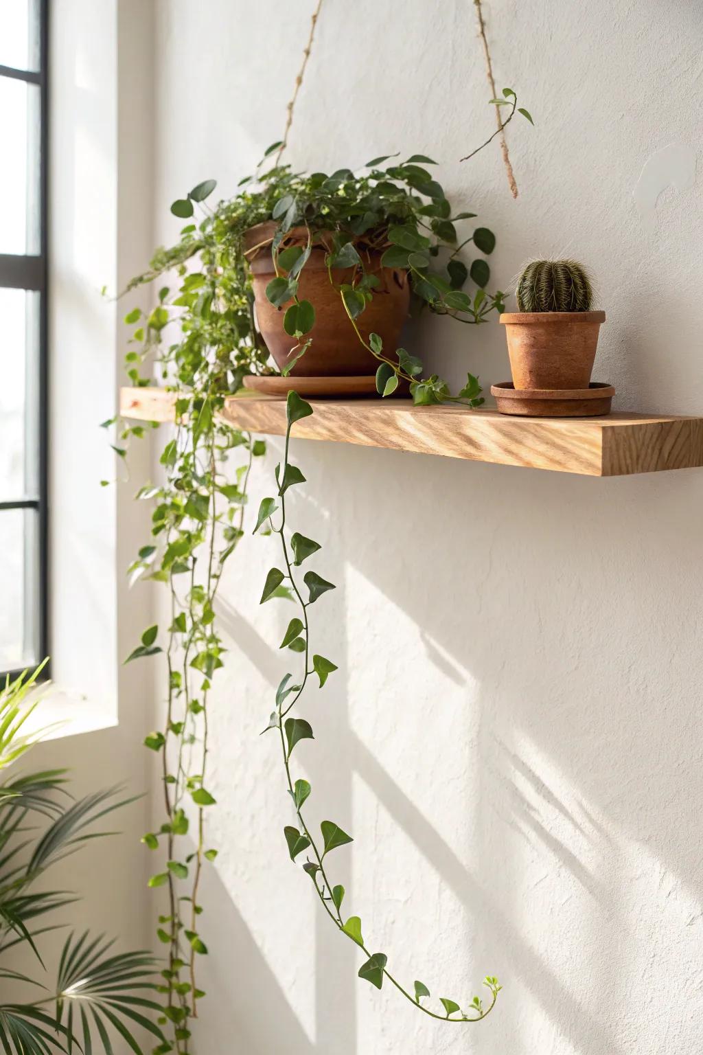 Plant-first shelf spacing: one trailing vine softens edges and makes small shelves feel warm.