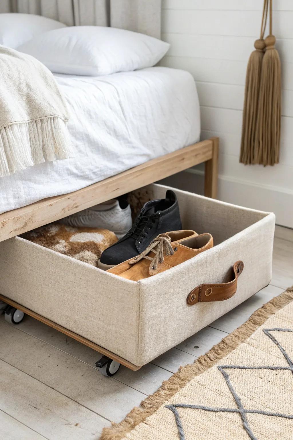 Hide off-season boots and heels in a slim rolling bin—under-bed storage that feels serene.
