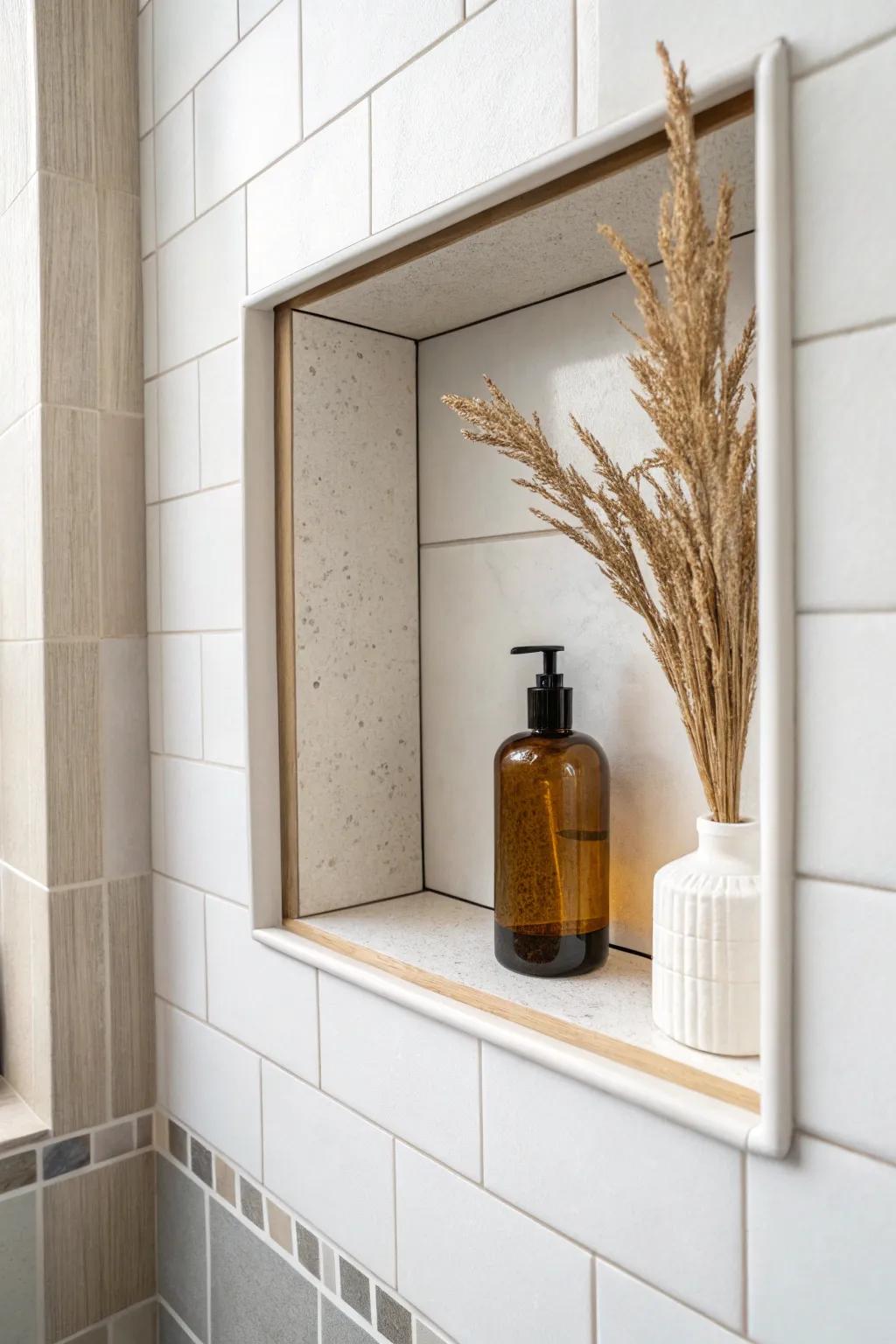 Thin pencil liner trim outlines the shower niche—clean definition without shrinking a small space.