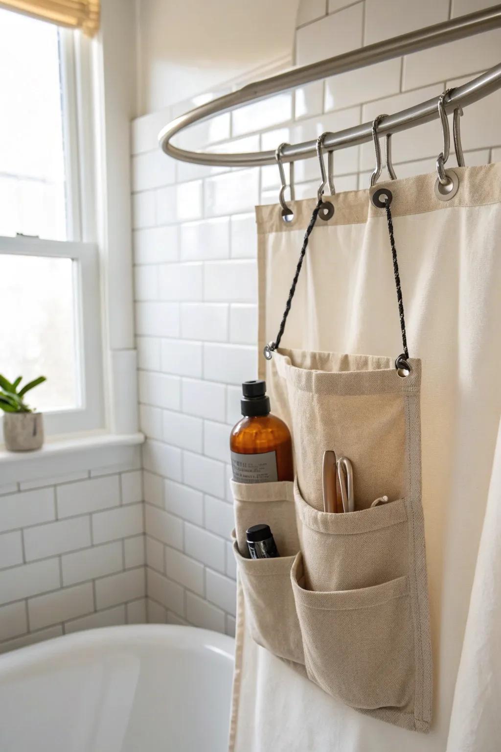 Use shower “air space” with a hanging pocket organizer—small essentials tidy and within reach.