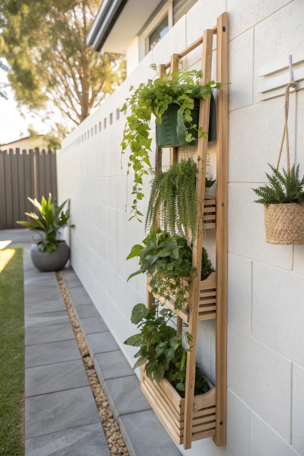 Go vertical: a lush green wall that makes a narrow side patio feel big, bright, and serene.
