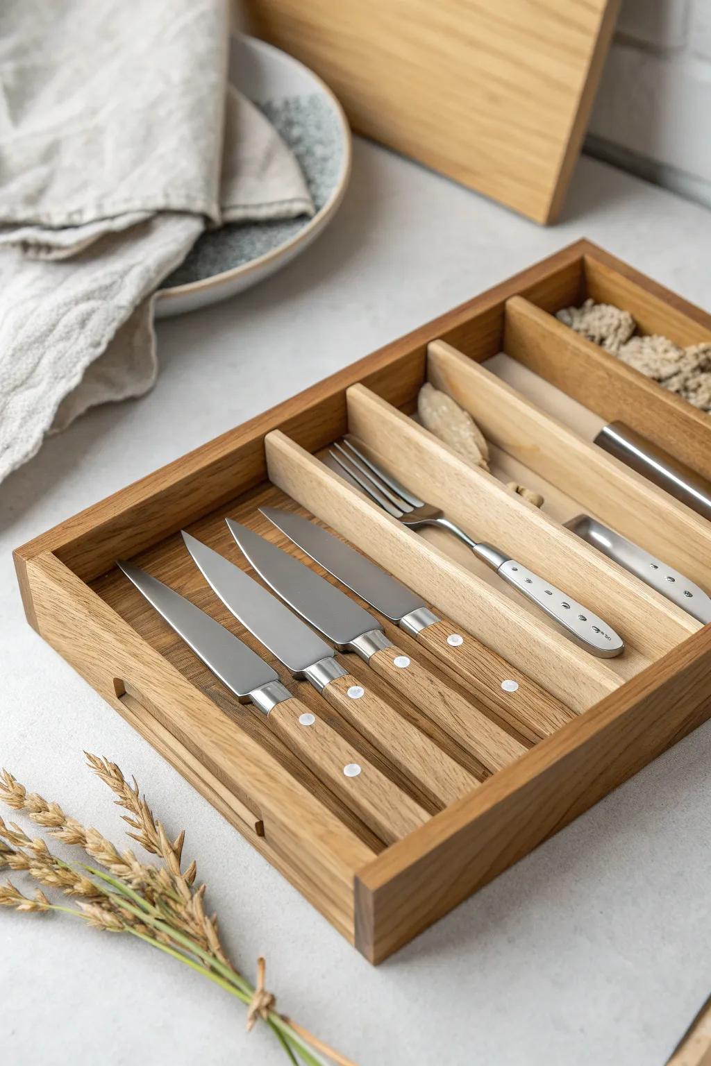 A sleek oak knife slot insert keeps table knives separated, safe, and beautifully organized.