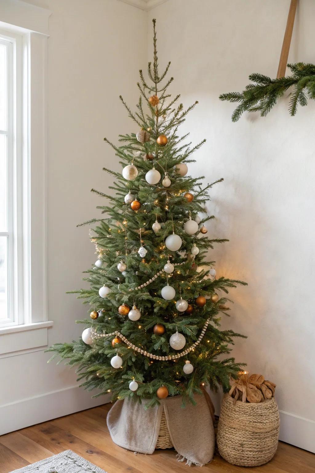 Layer big and small neutral ornaments on a slim tree for instant depth in tiny spaces.