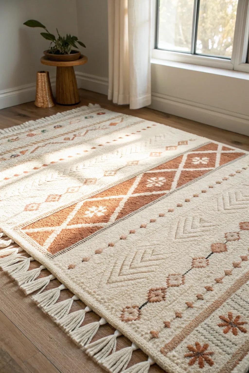 One cozy rug creates a clear living zone in a single dorm—warm, minimal, and space-smart.