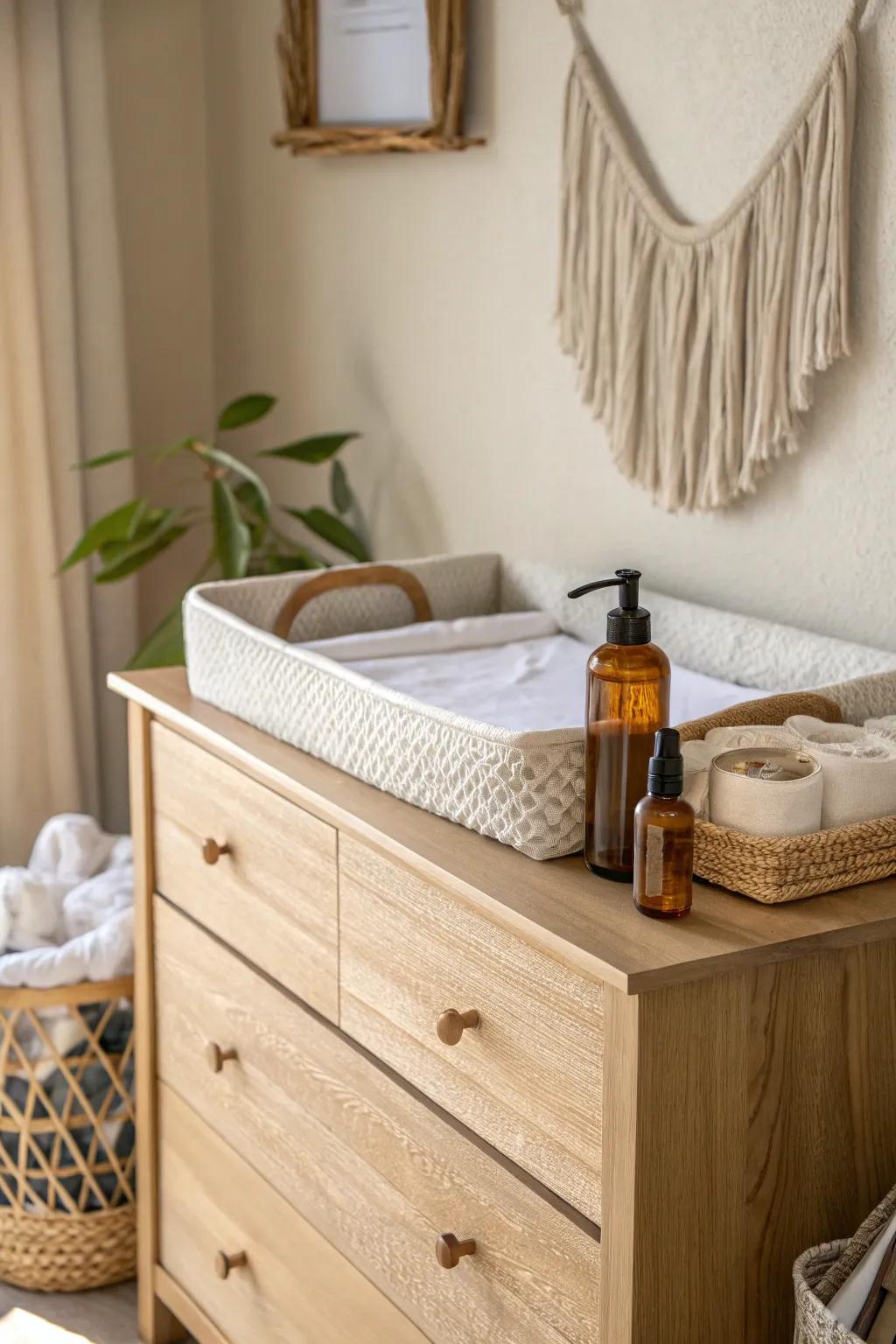 Mini changing station on a small dresser—clean, cozy, and perfect for a shared mom-toddler room.