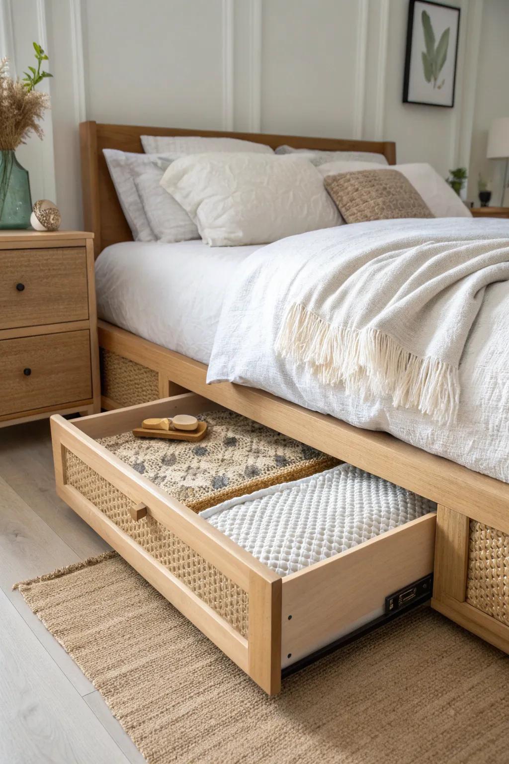 Under-bed storage that blends in—matching drawers keep a tiny twin room calm and clutter-free.