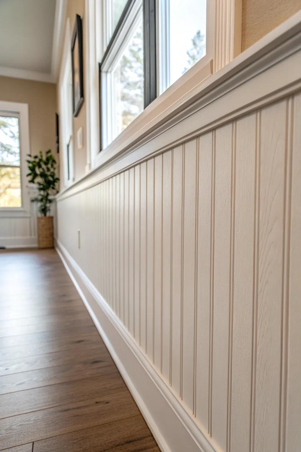 Soft greige painted beadboard adds cozy texture and hides scuffs without visual clutter.