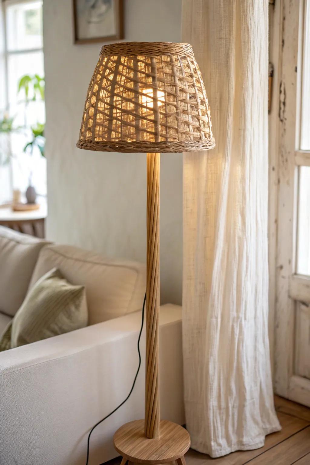 Light neutrals + warm glow: a simple rattan lamp makes a tiny living room feel bigger.