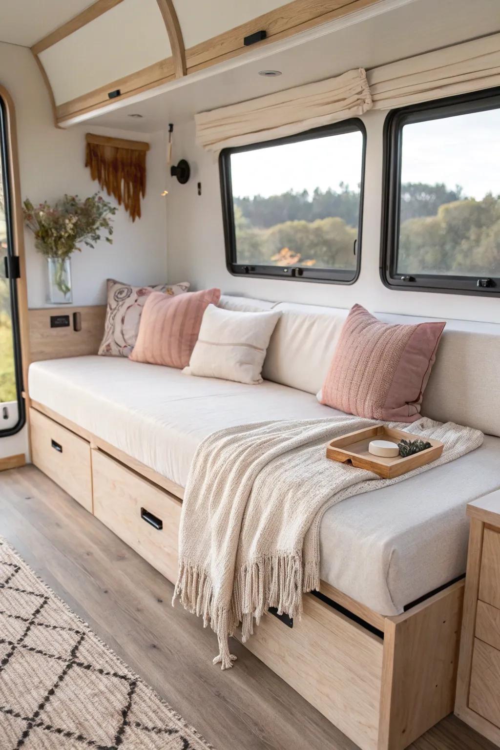 Convertible daybed: lounge by day, cozy bed by night—perfect for a skoolie reset routine.