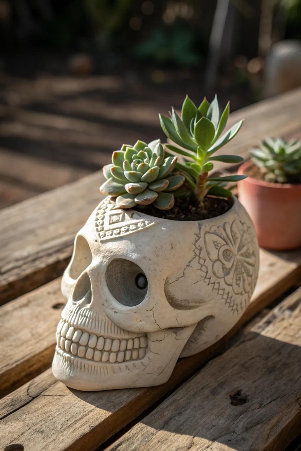 Elevate your space with a touch of quirky elegance: handcrafted clay skull planters for the modern craftsman.