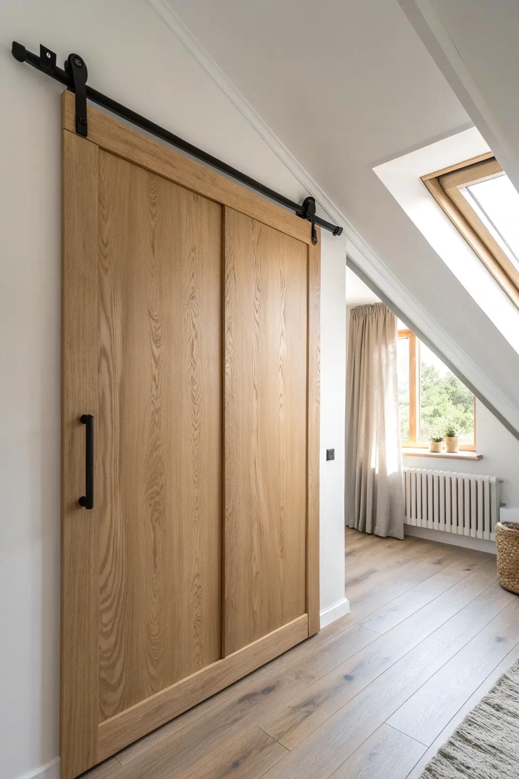 Sliding closet doors under a sloped ceiling make tight walkways feel instantly wider.