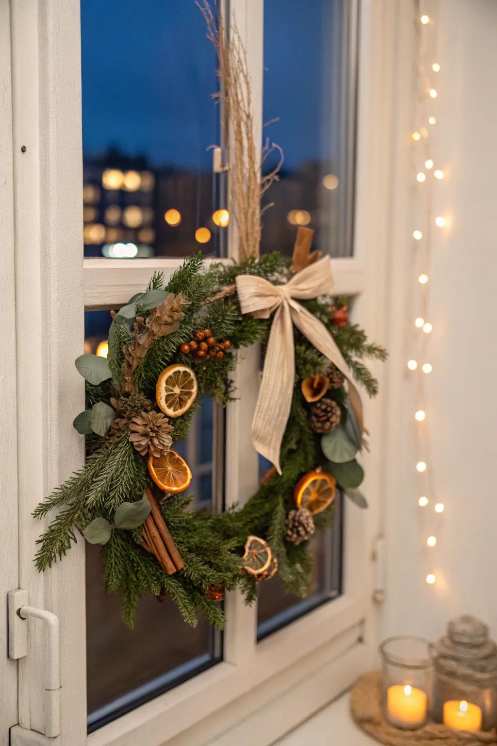 A simple handmade wreath in the window turns even the smallest apartment into a cozy Christmas scene.