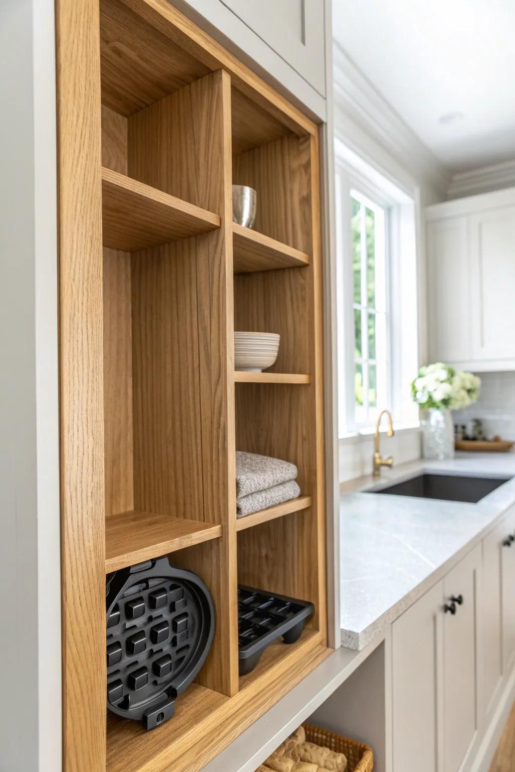 Vertical dividers turn waffle makers and griddles into tidy, space-saving cabinet slots.