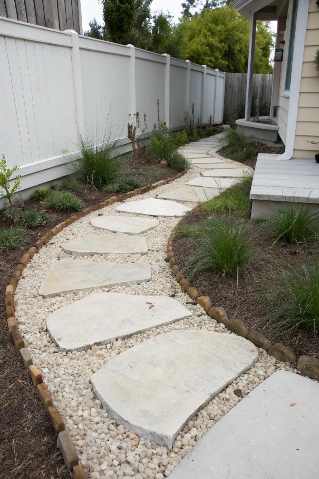 A curved stepping-stone path makes even the smallest yard feel longer and more inviting.