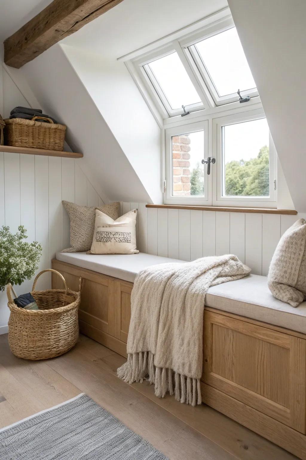 A cozy dormer window seat with hidden storage—minimal, bright, and perfect for attic reading.