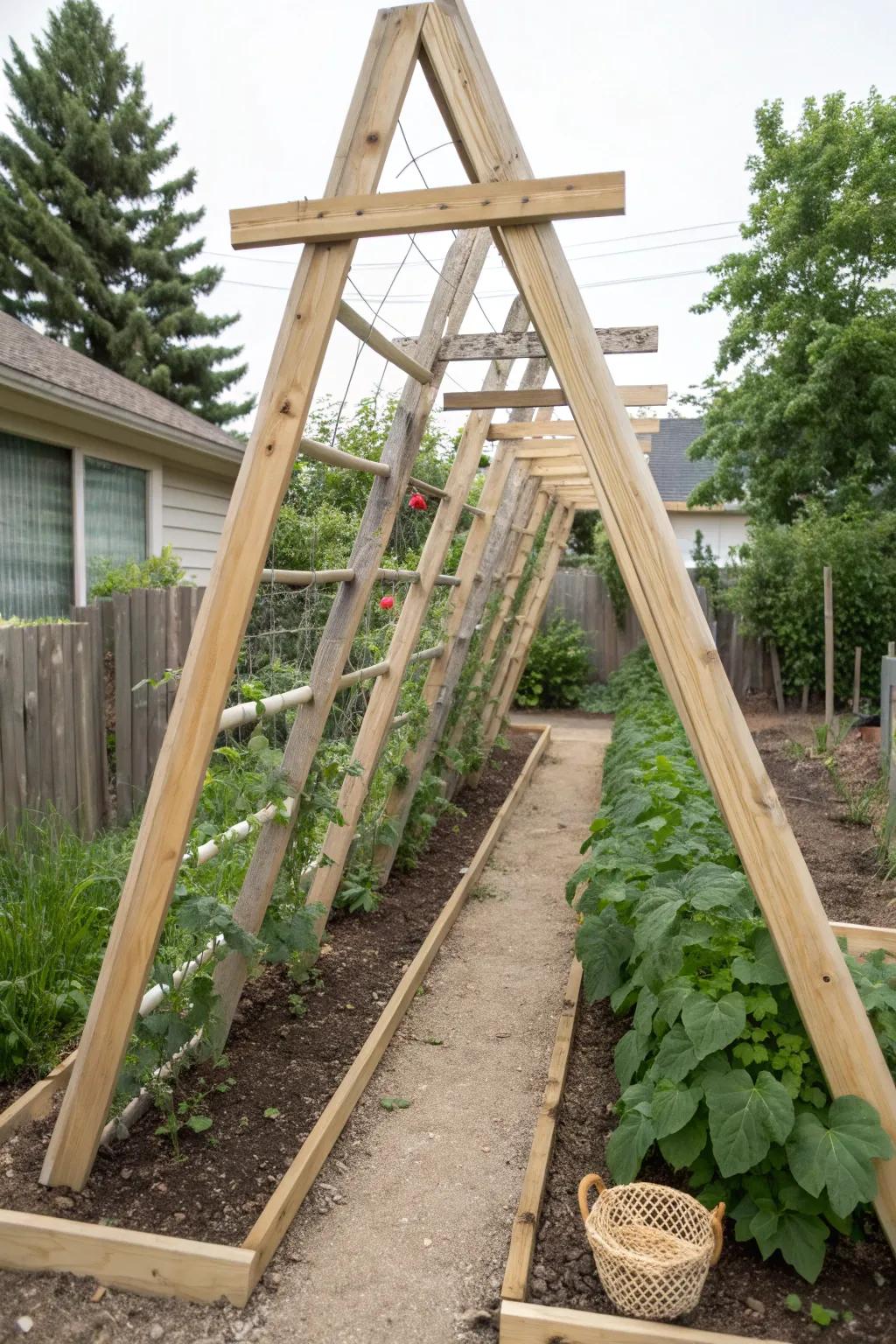 A-frame trellis tunnel: double-sided beans with cool, shaded greens tucked underneath.