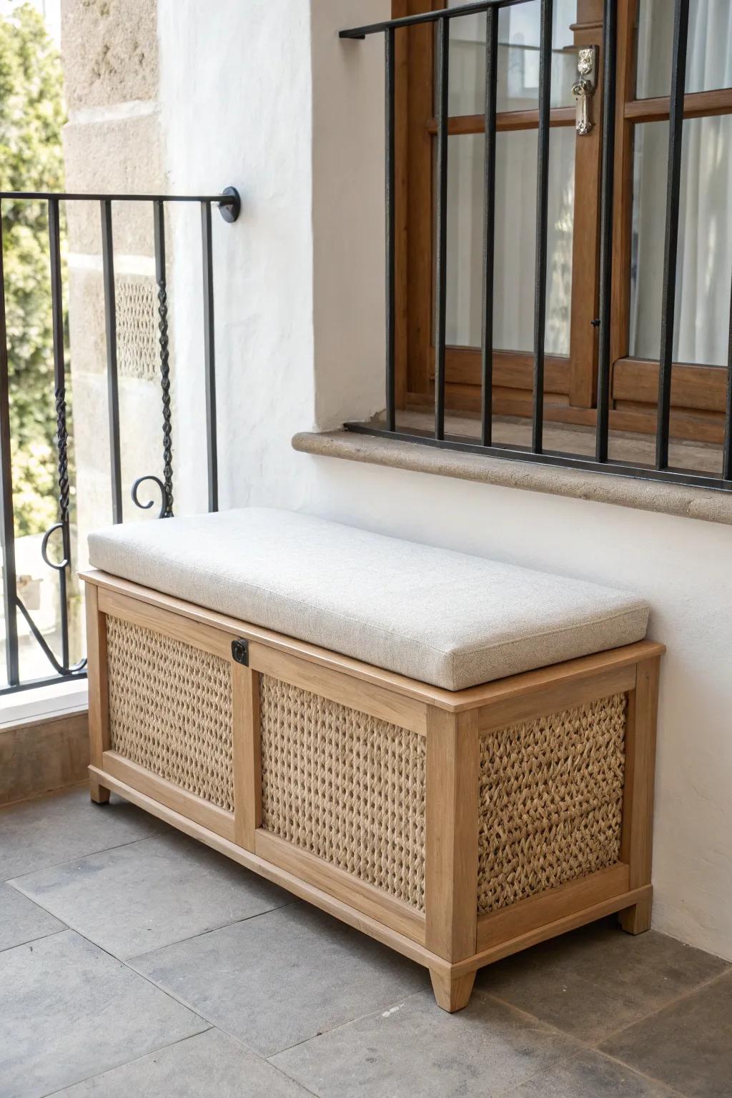 Budget-friendly balcony upgrade: a slim storage bench that hides clutter and adds seating.