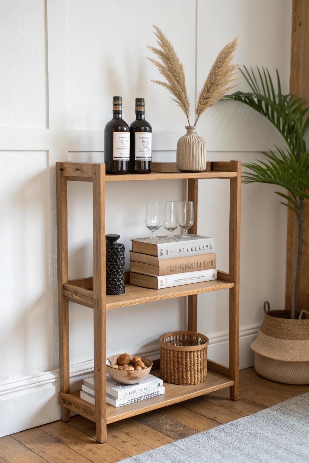 A slim bookshelf becomes a cocktail bar moment—books, bottles, and glassware styled to feel curated.