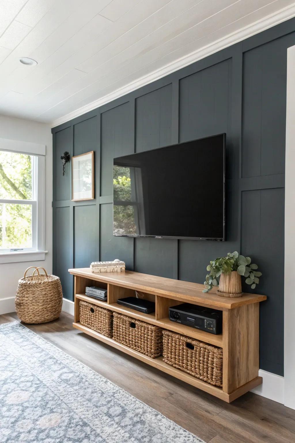A dark DIY accent wall behind the TV hides cords and makes a small basement feel finished.