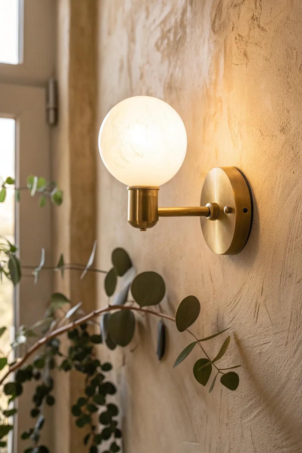 Warm beige + golden lighting turns a tiny windowless bathroom into a boutique-hotel retreat.