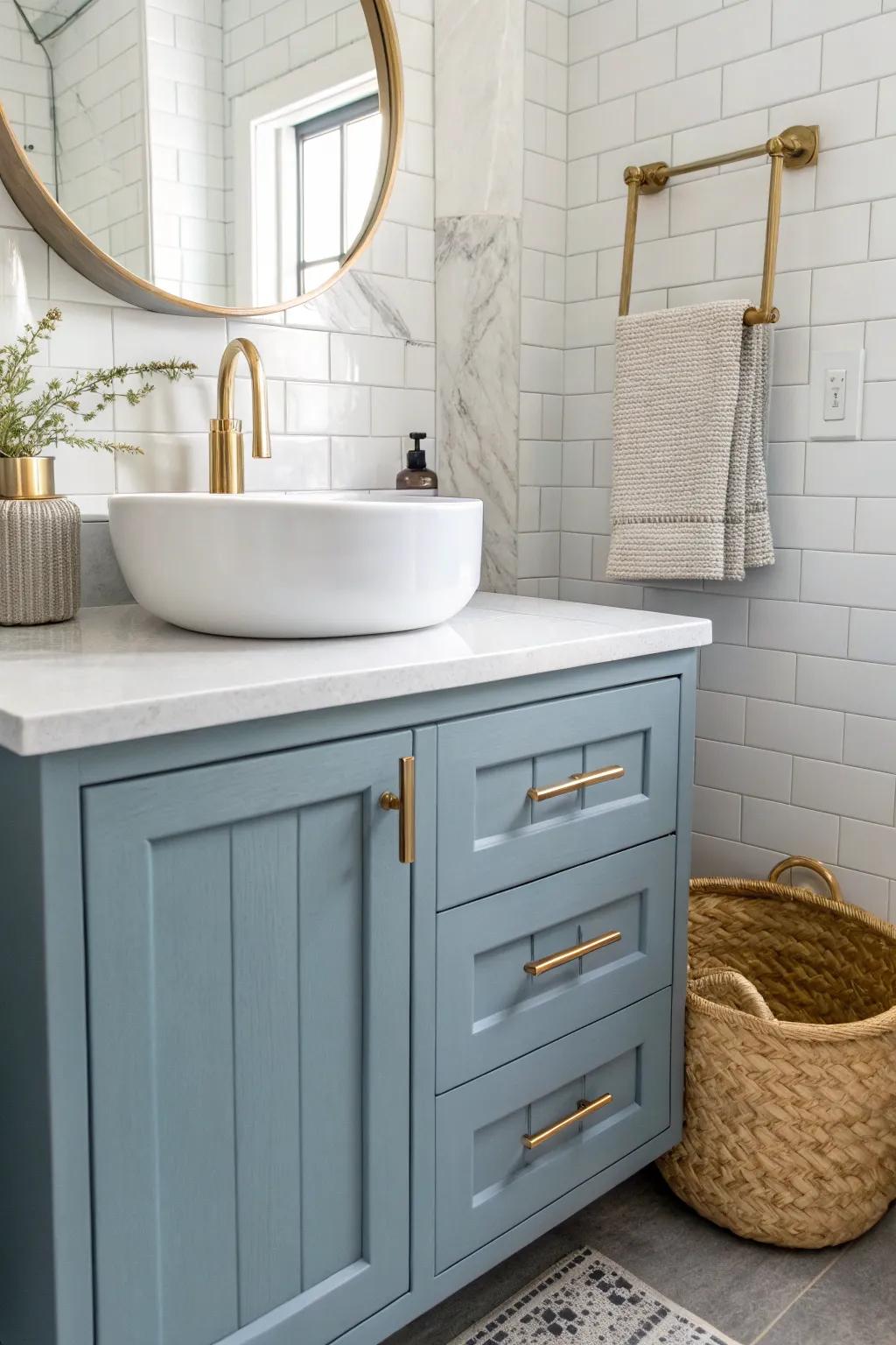 White subway tile makes a blue vanity pop—bright, airy, and perfect for tiny bathrooms.
