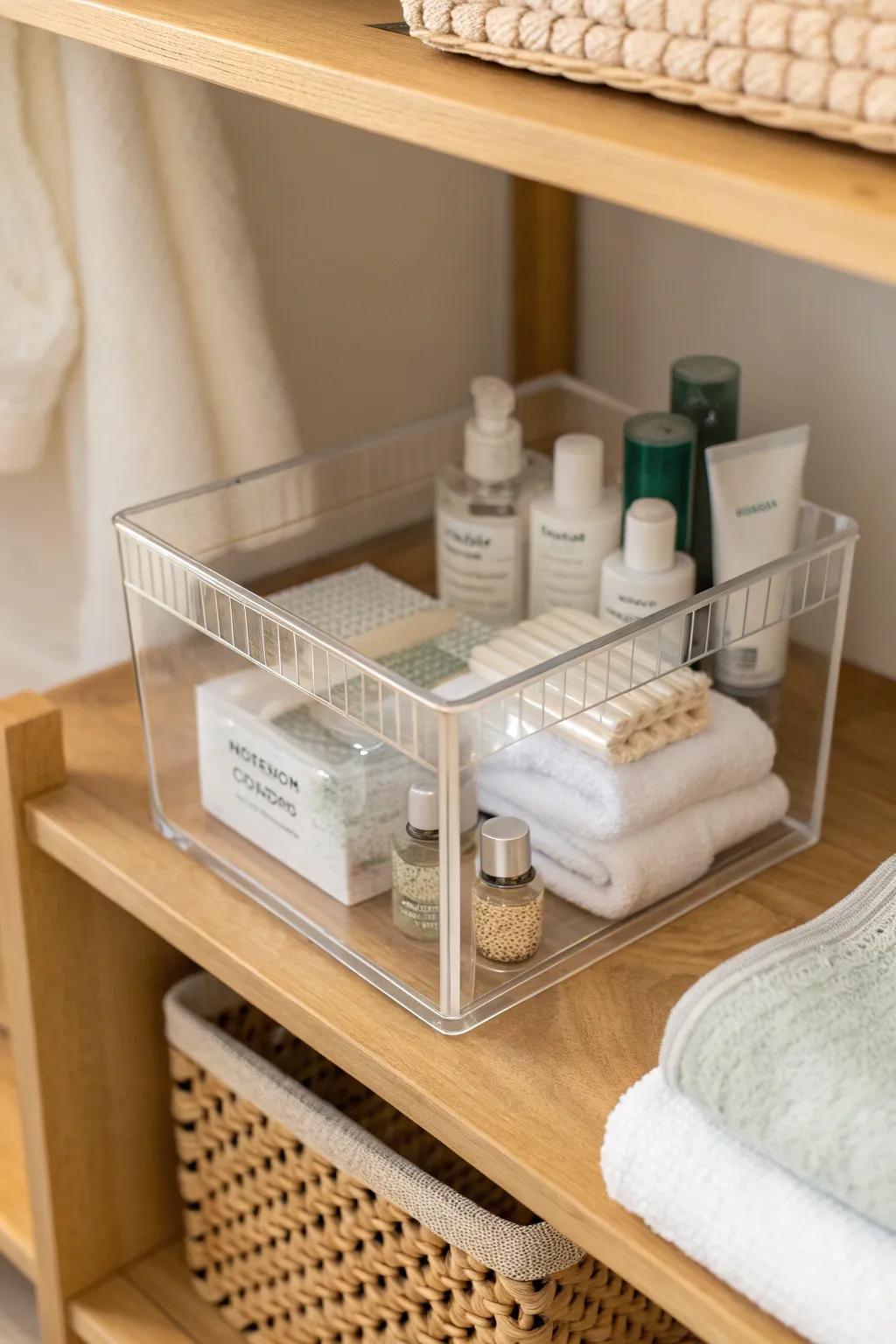 Clear bins at eye level keep small toiletries visible, tidy, and easy to restock.