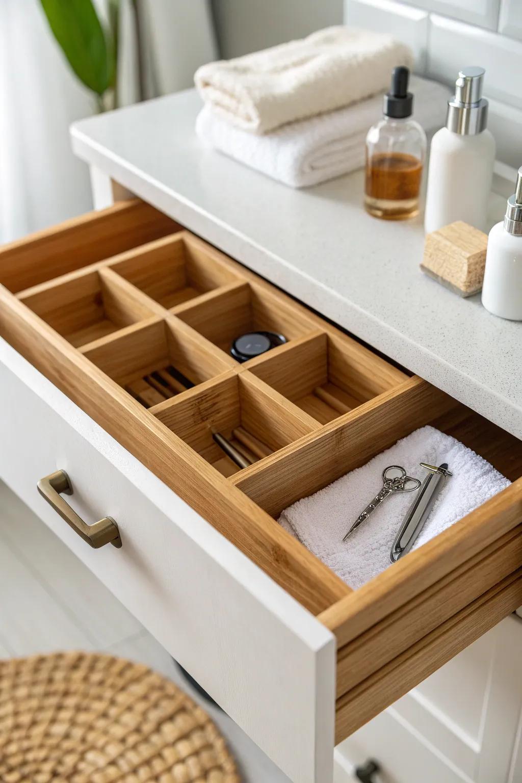 Handmade bamboo drawer dividers tame tiny bathroom essentials so you see everything at a glance.