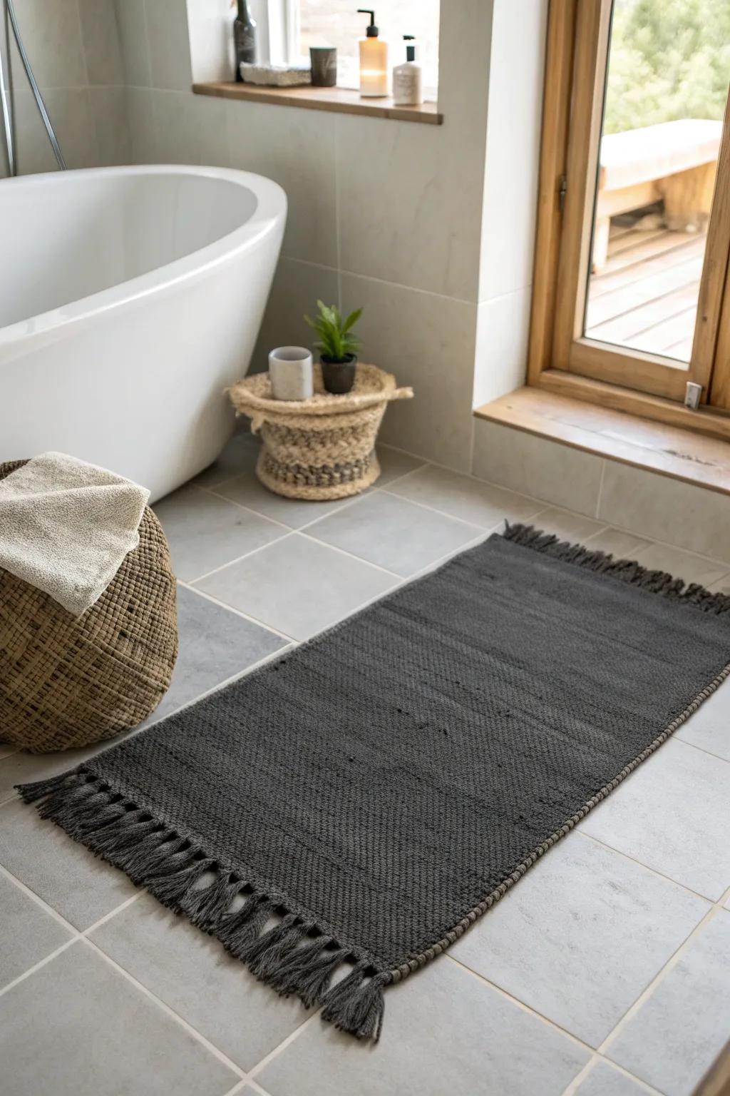 Deep charcoal bathroom rug: chic in small spaces and ideal for hiding everyday stains.