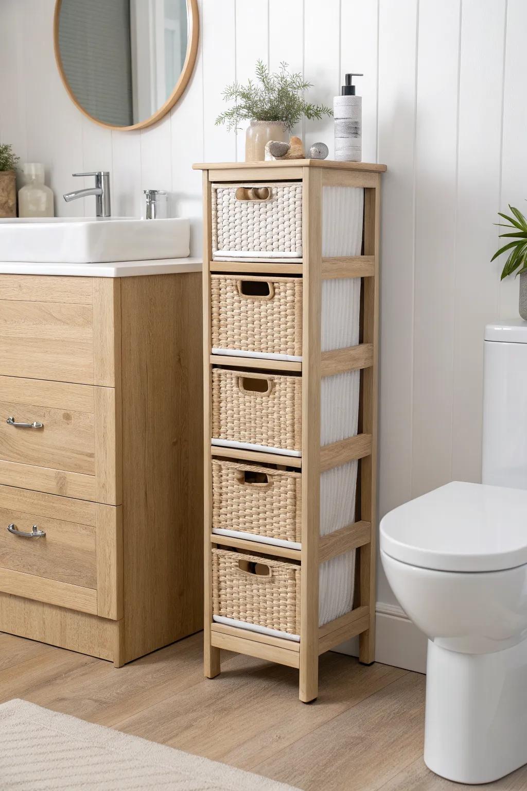 Turn that tiny gap into storage—slim drawer cabinet keeps essentials tidy beside the toilet.